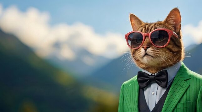 A fashionable cat wearing sunglasses and a green suit, posing confidently outdoors, embodying coolness and charm.