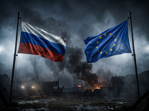 flags of russia and the european union wave over a ruined battlefield in smoke and fire personifying political confrontation sanctions crisis and international conflict in europe.