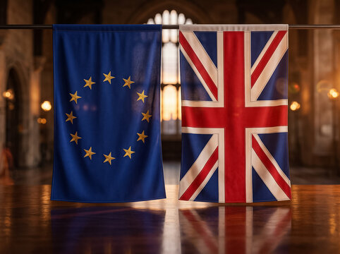 flags of the european union and the united kingdom hang side by side in a classic hall symbolizing international relations political dialogue brexit and diplomatic cooperation