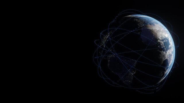 Global data transfer through space above the earth's surface. Networking and communication 3d animation, negative space for titles and content.
