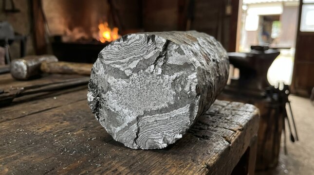 Close up of a Damascus steel billet with intricate patterns in a blacksmiths workshop