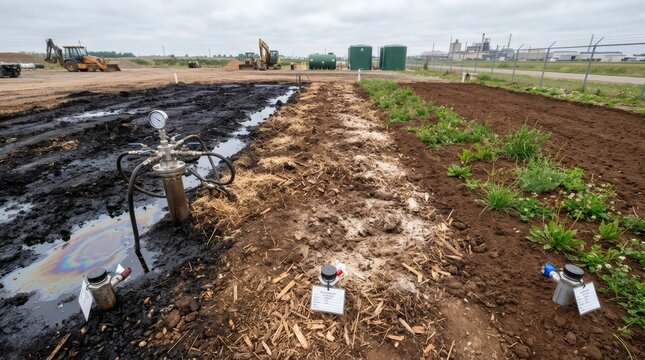Environmental remediation site with oil spill and monitoring equipment