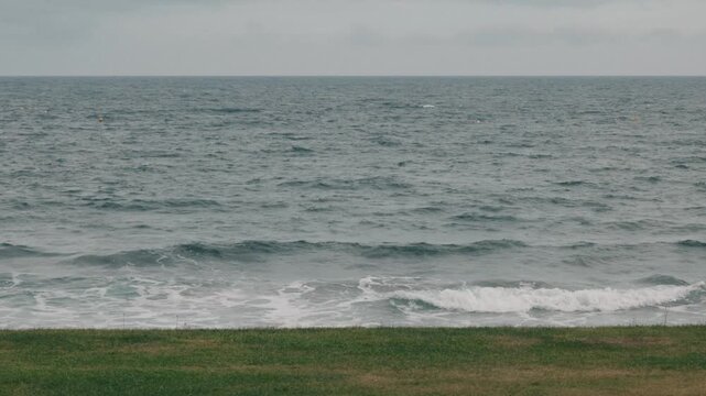 A grassy field with a gray sky and sea in the background