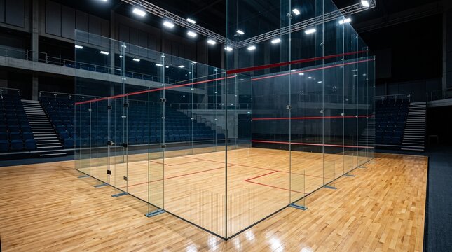 Professional glass squash court with wooden floor. Modern indoor sports arena for professional squash tournaments and athletic training.