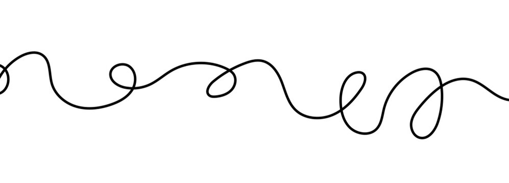 Curve, thin, wavy cable and curvy line for an abstract squiggle with a long, simple drawing. Organic and curly freehand graphic or wiggly loopy hand twist, ideal as a divider or background.