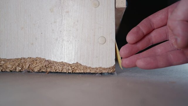 Close-Up Hand Inspecting Water-Damaged Furniture Edge | DIY Home Repair Check on Peeling Veneer and Swollen Chipboard | Macro Shot of Furniture Damage Assessment