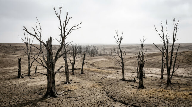 Dead bare trees on dry cracked earth in a barren desolate valley representing global warming and climate change