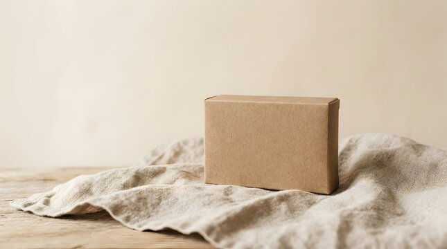 Blank kraft paper soap box on linen cloth and rustic wooden table, eco-friendly packaging mockup