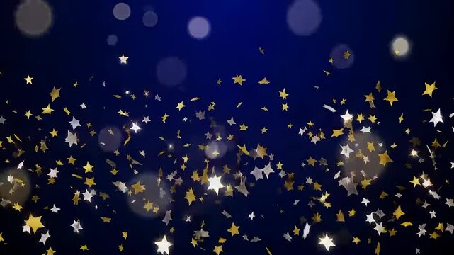 Gold and Silver Star Confetti on Deep Blue Background 4K Generative AI