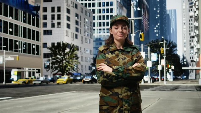 Army soldier stands with crossed arms against a cityscape background; the female military officer poses on an urban street with downtown buildings behind her.