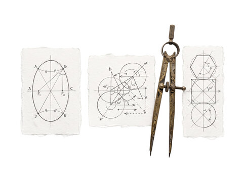 Vintage Geometry Compass Technical Sketch on Handmade Paper with Mathematical Diagrams, Architectural Geometry Formulas and Antique Drafting Tools for Scientific Education and Design Concept Backgroun