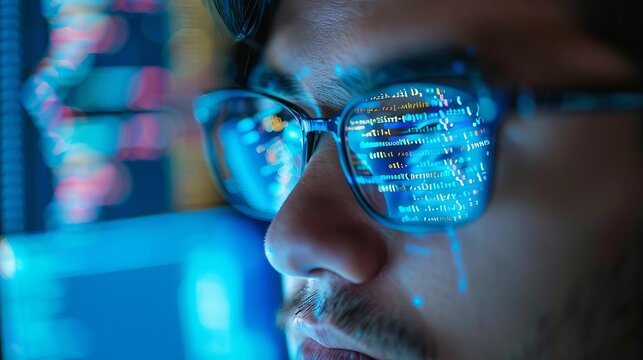Developer with glasses coding software for data security, reflecting digital technology in glasses