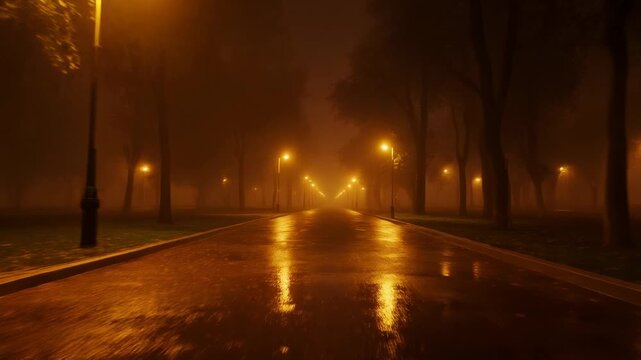 Foggy Night Park Path 4K Generative AI