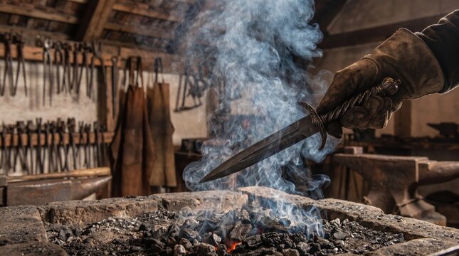Blacksmith holding hand forged ceremonial blade dagger over smoking forge coals in old workshop. Concept of smoke, metalworking, history, knife.