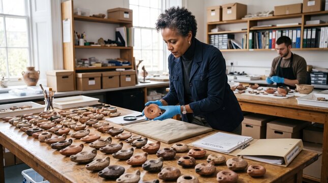 Museum curator examining ancient pottery artifacts during collection assessment in restoration laboratory. Concept of selection, archeologist, archeology.