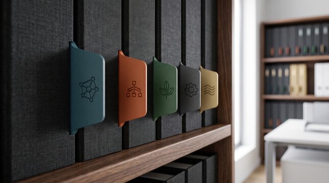 Office Binders Row with Colorful Plastic Bookmark Tabs on Wooden Shelf. Concept of index tab, document organization, esg reporting, color bookmark. Copy space.