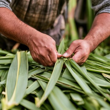 Hands Bundling Fresh Green Palm Leaves for Weaving