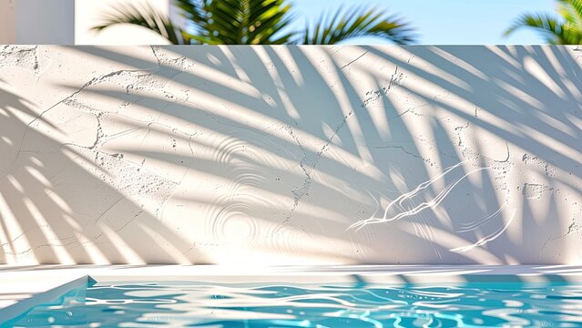minimalist pool scene with palm leaf shadows on plastered masonry wall
