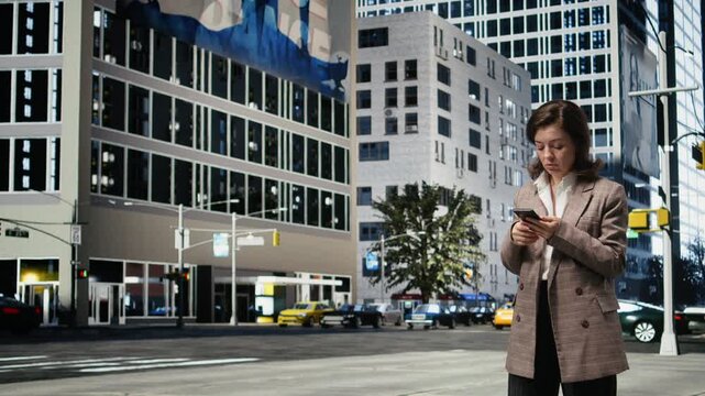 Upset businesswoman reads a negative message on a smartphone outdoors; the unhappy professional reacts to disappointing news while standing on a city street.