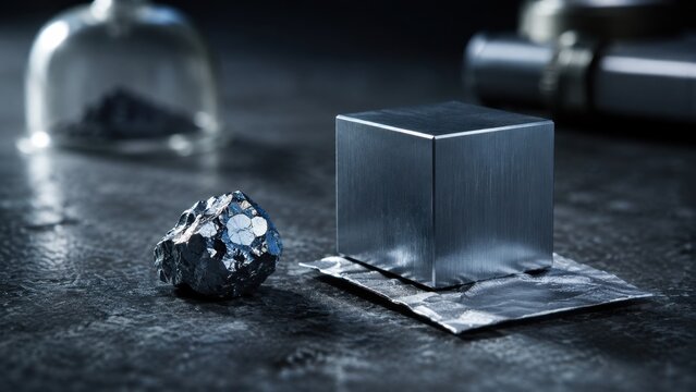 Osmium chemical element metallic cube and raw crystal nugget on dark laboratory background close up. Concept of metal, raw metal, heavy metal, transition metal, periodic table. Copy space.