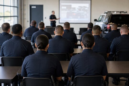 Police officers in training presentation classroom with projector and instructor