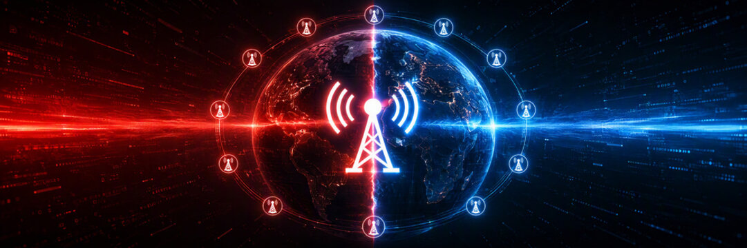 Digital global communication network with radio tower and earth