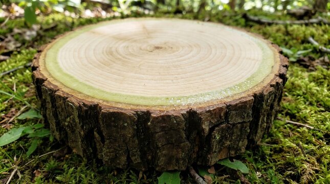 Cross section of tree trunk with annual growth rings and cambium layer lying on green forest moss. Concept of botany, wood slab, wood slice. Copy space.