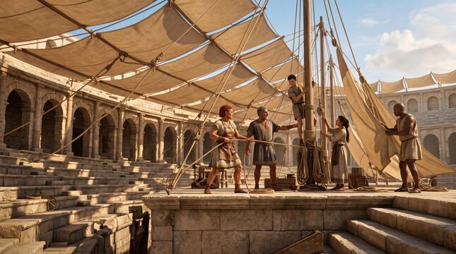 Ancient Roman sailors installing velarium awning canopy over colosseum amphitheater arena. Concept of ancient rome. Copy space.