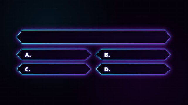 A vibrant digital interface displays four empty answer choice boxes marked with letters to simulate a competitive trivia game show segment where participants select the correct response