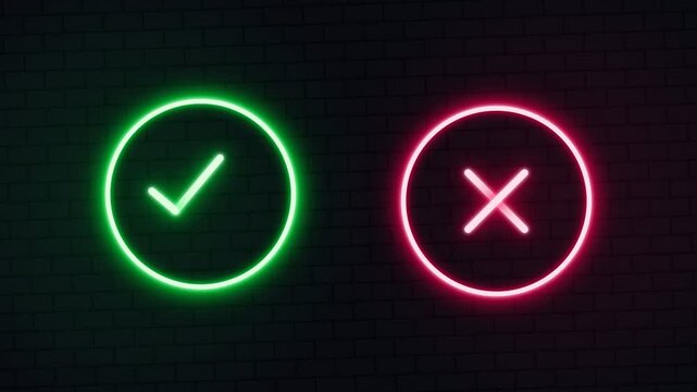 A pair of glowing neon light signs featuring a green checkmark indicating a correct answer and a red cross symbol representing a failure displayed together on a dark textured masonry brick