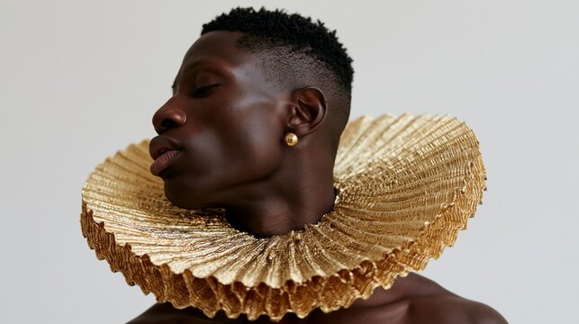 young black man wearing a solid gold elizabethan collar