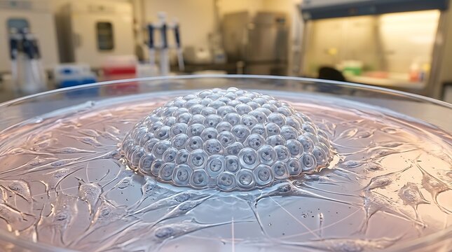 Stem cell spheroids cluster growing in a laboratory cell culture petri dish