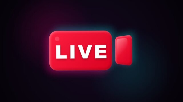 A vibrant red interface icon signals that a digital broadcast is currently happening online to inform viewers that real time multimedia streaming communication is being transmitted to the global