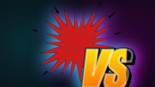 A vibrant red starburst shape creates an energetic dynamic visual alongside large golden letters representing a competitive showdown between two opposing forces within a dramatic dark glowing