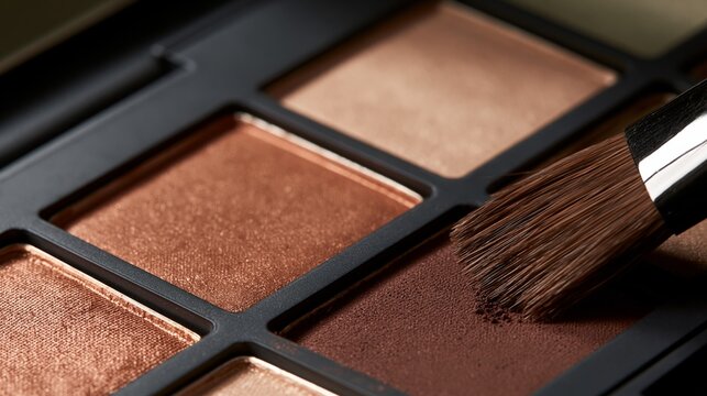 makeup brush pressing into deep plum eyeshadow palette macro