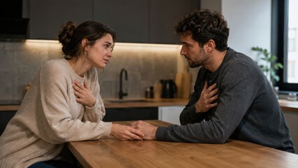 Obraz premium Sad young couple holding hands having serious emotional conversation apology at kitchen home table. Concept of relationship, repair, relationship repair, conflict resolution, forgiveness. Copy space.