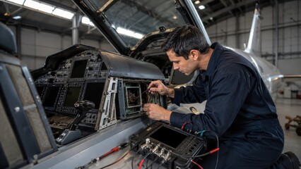 Fototapeta premium Avionics technician testing airplane cockpit navigation module with diagnostic equipment inside aircraft hangar. Concept of airplane maintenance, aircraft engineer. Copy space.