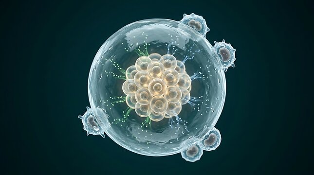 Close-up 3D render of human cell division and fertilization process in dark