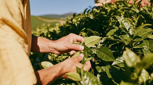 hands picking fresh green tea leaves in a sunny plantation