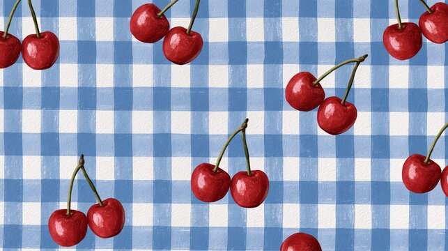 crayon illustrated blue gingham pattern with mini cherries