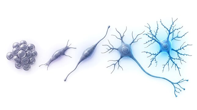 Neuron cell development stages from stem cell to mature neuron illustration