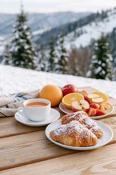 Outdoor winter breakfast with croissants, fruit and tea in snowy mountains