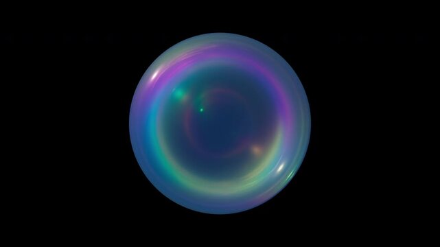 Animated colorful soap bubble on a black background. Iridescent blue, yellow, green and pink colors. Composition, overlay, copy space.