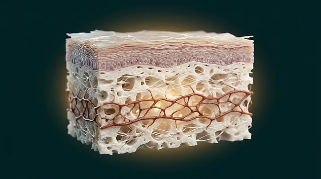 Cross section anatomy of human skin layers showing cellular tissue and blood vessels
