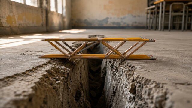 Bridge made of pencils bridging a crack gap in empty classroom floor. Concept of education, access, opportunity, education gap. Copy space.