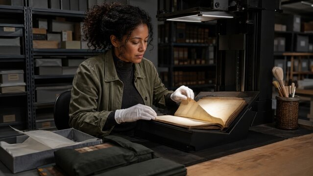 Female Librarian Digitizing Rare Vintage Book in University Archive Room. Concept of thesis, digitization, scanning, book scanning, book digitization. Copy space.