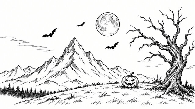 Halloween Mountain Landscape Line Art