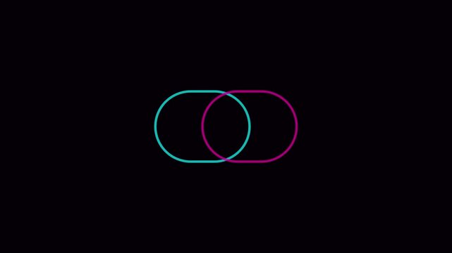 Neon glowing intersecting circles animation: abstract minimalist motion 4k background, intersection