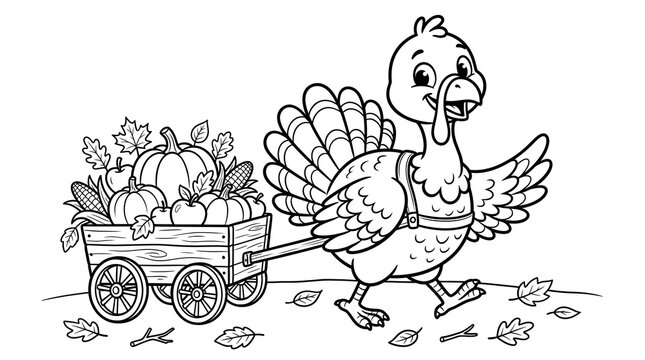 Cute cartoon turkey pulling a wagon full of autumn harvest vegetables for Thanksgiving