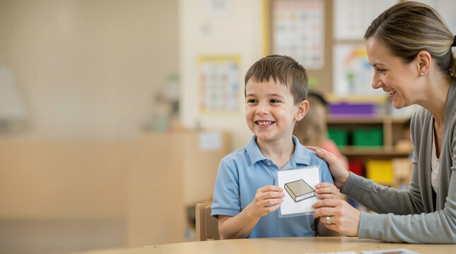 Smiling autistic boy holding a picture card during a lesson with a female teacher. Special education and speech therapy concept in a bright classroom. Copy space for text